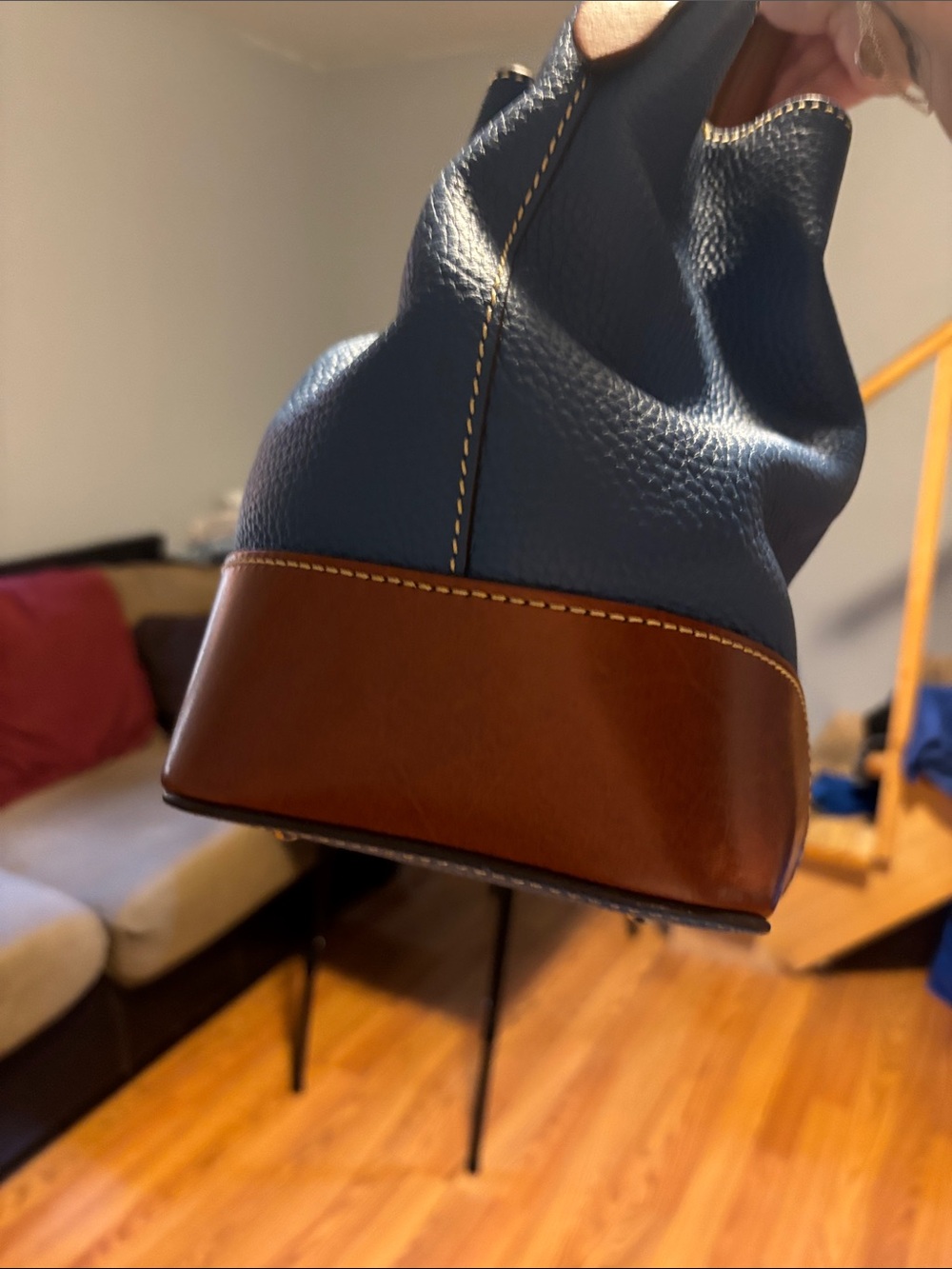 Dooney & Bourke Blue Pebbled Leather Satchel with Brown Trim and Wristlet - Picture 8 of 16